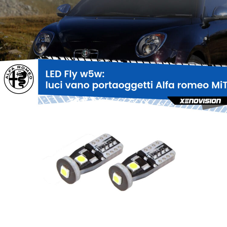 <strong>luci vano portaoggetti LED per Alfa romeo MiTo</strong>  2008 - 2018. Coppia lampadine <strong>w5w</strong> Canbus compatte modello Fly Xenovision.