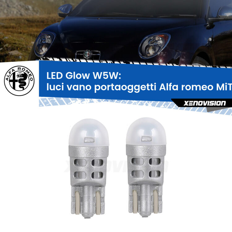 <strong>Luci Vano Portaoggetti LED luce calda per Alfa romeo MiTo</strong>  2008 - 2018. Coppia lampade <strong>W5W</strong> modello Glow di Xenovision.