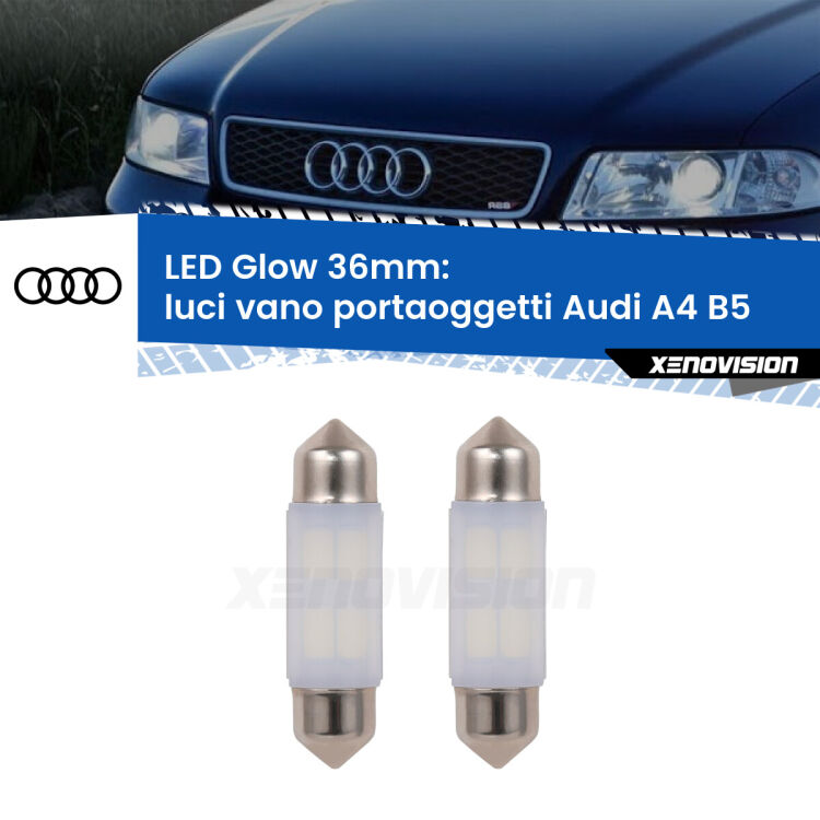 <strong>Luci Vano Portaoggetti LED luce calda per Audi A4</strong> B5 1994 - 2001. Coppia lampade <strong>C5W</strong> 36mm modello Glow di Xenovision.