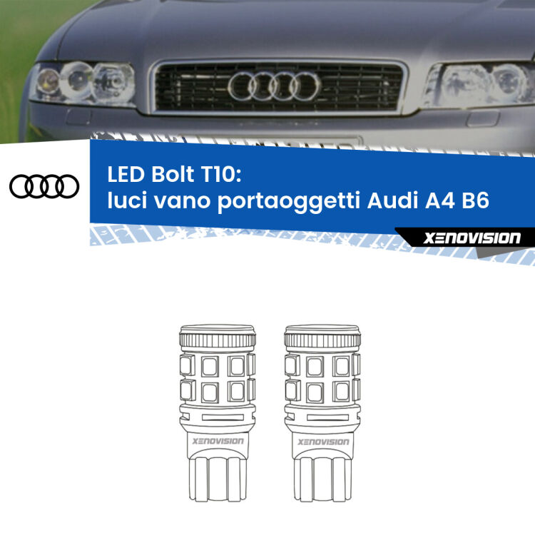 <strong>Luci Vano Portaoggetti LED per Audi A4</strong> B6 2000 - 2004. Coppia lampade <strong>T10</strong> modello Bolt canbus.