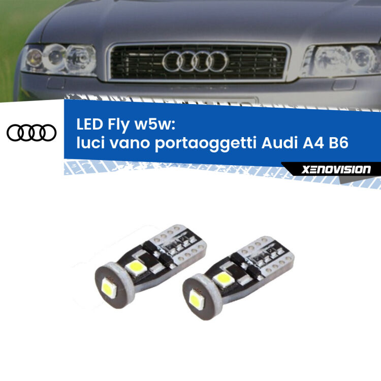 <strong>luci vano portaoggetti LED per Audi A4</strong> B6 2000 - 2004. Coppia lampadine <strong>w5w</strong> Canbus compatte modello Fly Xenovision.