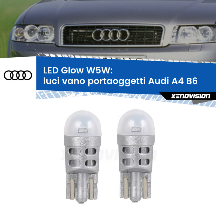 <strong>Luci Vano Portaoggetti LED luce calda per Audi A4</strong> B6 2000 - 2004. Coppia lampade <strong>W5W</strong> modello Glow di Xenovision.