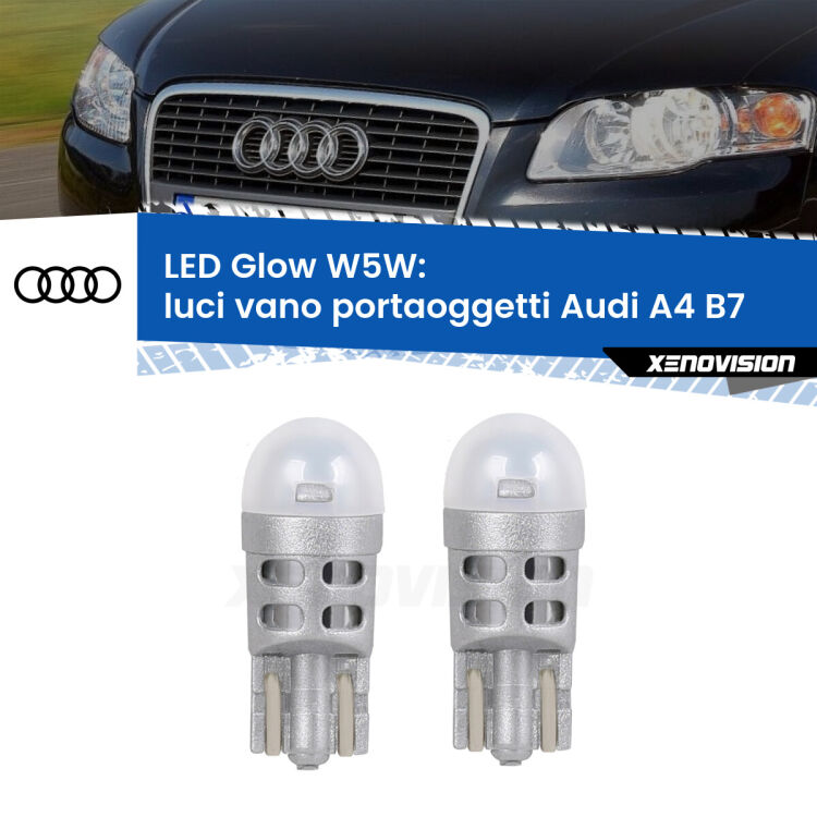 <strong>Luci Vano Portaoggetti LED luce calda per Audi A4</strong> B7 2004 - 2008. Coppia lampade <strong>W5W</strong> modello Glow di Xenovision.