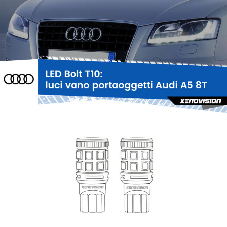 <strong>Luci Vano Portaoggetti LED per Audi A5</strong> 8T 2007 - 2017. Coppia lampade <strong>T10</strong> modello Bolt canbus.