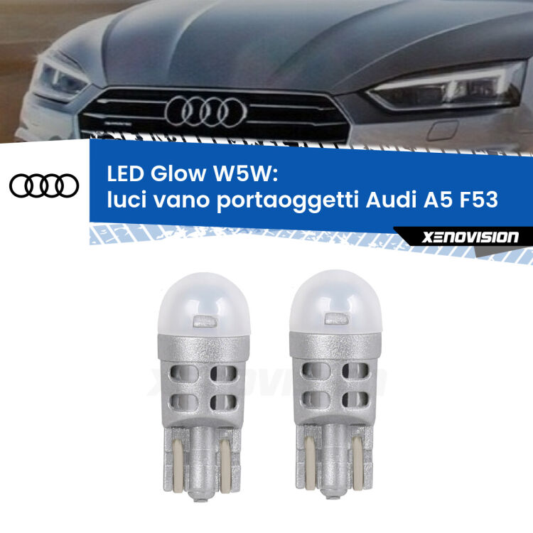 <strong>Luci Vano Portaoggetti LED luce calda per Audi A5</strong> F53 2016 - 2020. Coppia lampade <strong>W5W</strong> modello Glow di Xenovision.