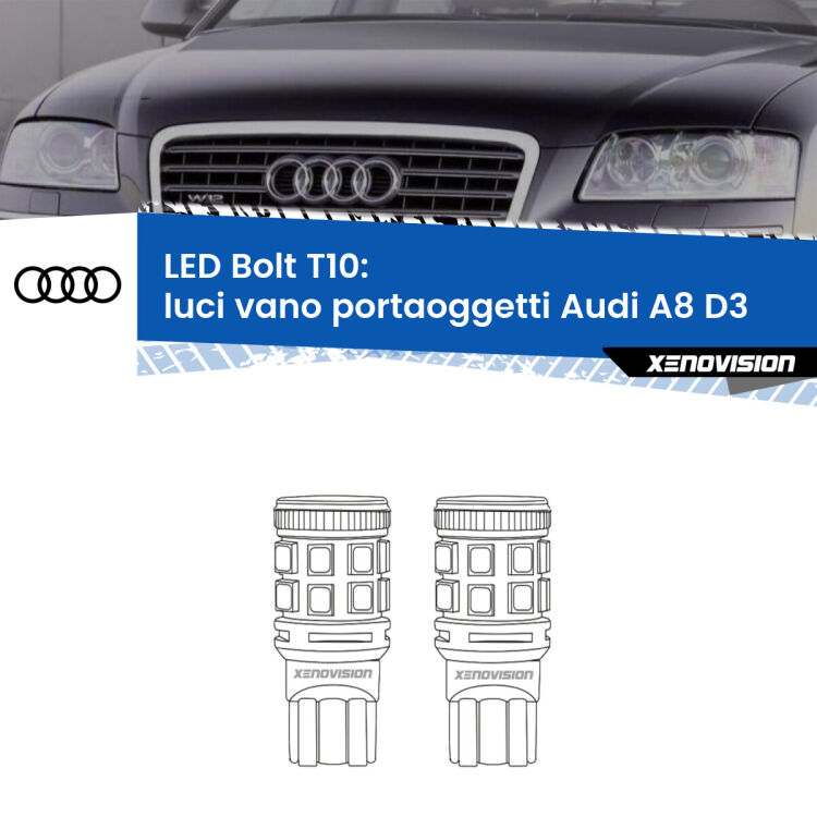 <strong>Luci Vano Portaoggetti LED per Audi A8</strong> D3 2002 - 2009. Coppia lampade <strong>T10</strong> modello Bolt canbus.