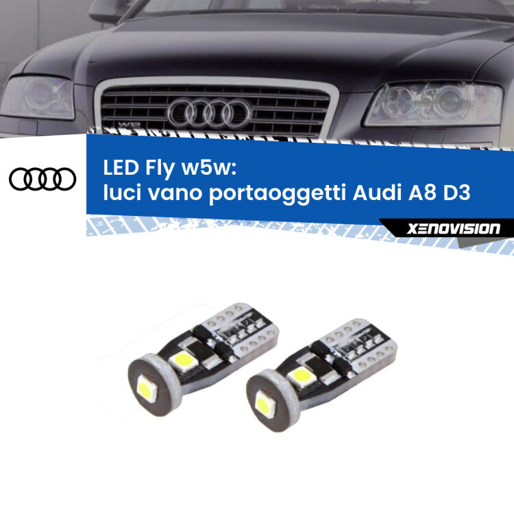 <strong>luci vano portaoggetti LED per Audi A8</strong> D3 2002 - 2009. Coppia lampadine <strong>w5w</strong> Canbus compatte modello Fly Xenovision.