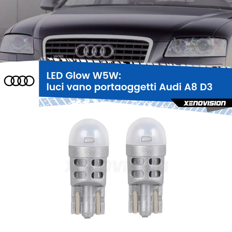 <strong>Luci Vano Portaoggetti LED luce calda per Audi A8</strong> D3 2002 - 2009. Coppia lampade <strong>W5W</strong> modello Glow di Xenovision.