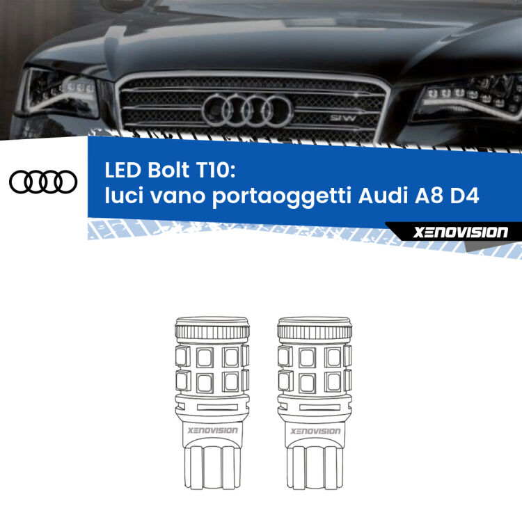 <strong>Luci Vano Portaoggetti LED per Audi A8</strong> D4 2009 - 2018. Coppia lampade <strong>T10</strong> modello Bolt canbus.