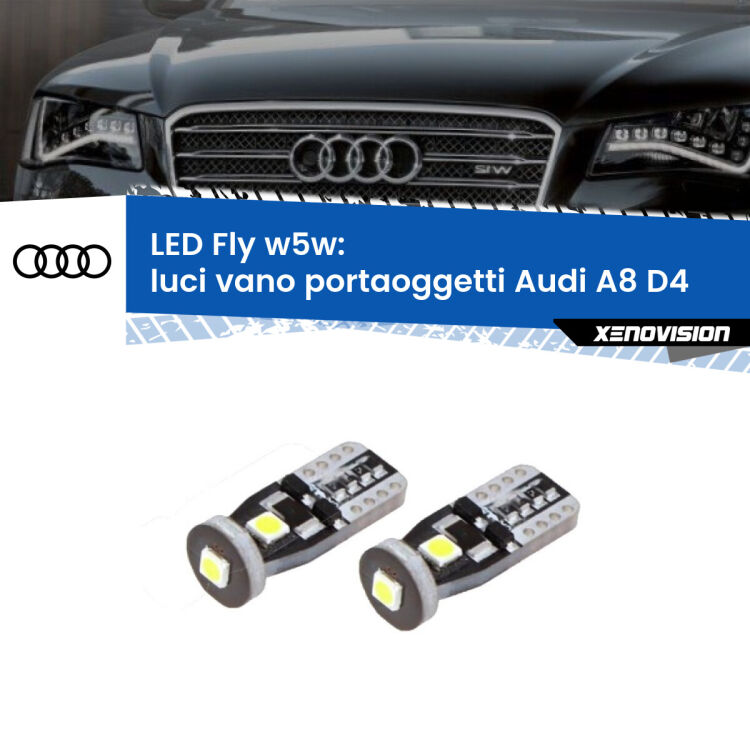 <strong>luci vano portaoggetti LED per Audi A8</strong> D4 2009 - 2018. Coppia lampadine <strong>w5w</strong> Canbus compatte modello Fly Xenovision.