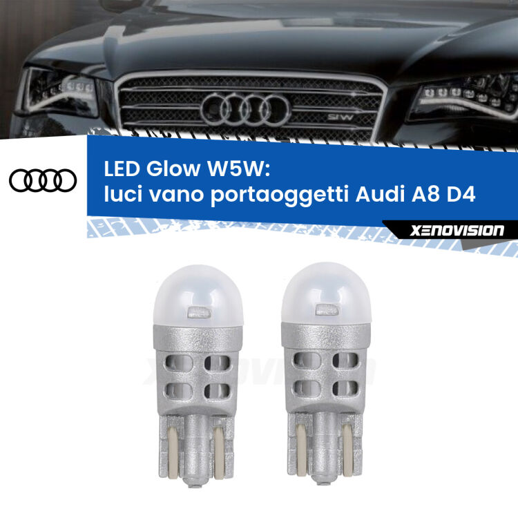 <strong>Luci Vano Portaoggetti LED luce calda per Audi A8</strong> D4 2009 - 2018. Coppia lampade <strong>W5W</strong> modello Glow di Xenovision.