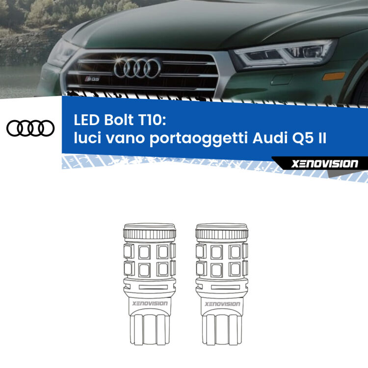 <strong>Luci Vano Portaoggetti LED per Audi Q5</strong> II 2018 in poi. Coppia lampade <strong>T10</strong> modello Bolt canbus.