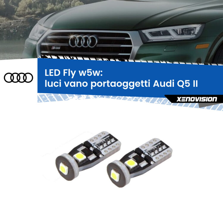 <strong>luci vano portaoggetti LED per Audi Q5</strong> II 2018 in poi. Coppia lampadine <strong>w5w</strong> Canbus compatte modello Fly Xenovision.