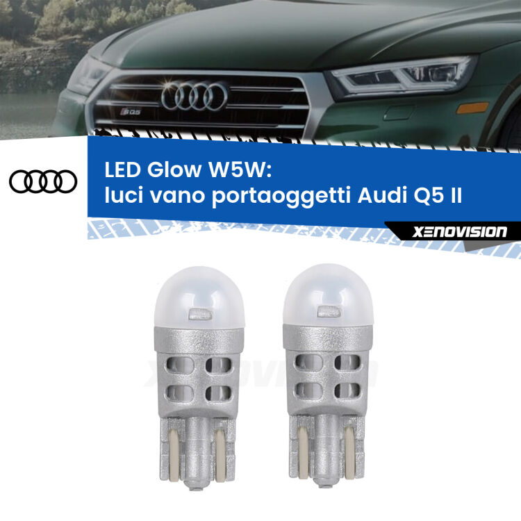 <strong>Luci Vano Portaoggetti LED luce calda per Audi Q5</strong> II 2018 in poi. Coppia lampade <strong>W5W</strong> modello Glow di Xenovision.