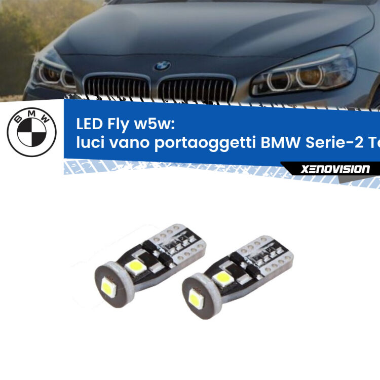 <strong>luci vano portaoggetti LED per BMW Serie-2 Tourer</strong> F45, F46 2014 - 2018. Coppia lampadine <strong>w5w</strong> Canbus compatte modello Fly Xenovision.