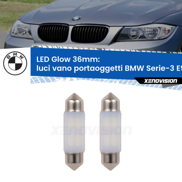 <strong>Luci Vano Portaoggetti LED luce calda per BMW Serie-3</strong> E90 2005 - 2011. Coppia lampade <strong>C5W</strong> 36mm modello Glow di Xenovision.