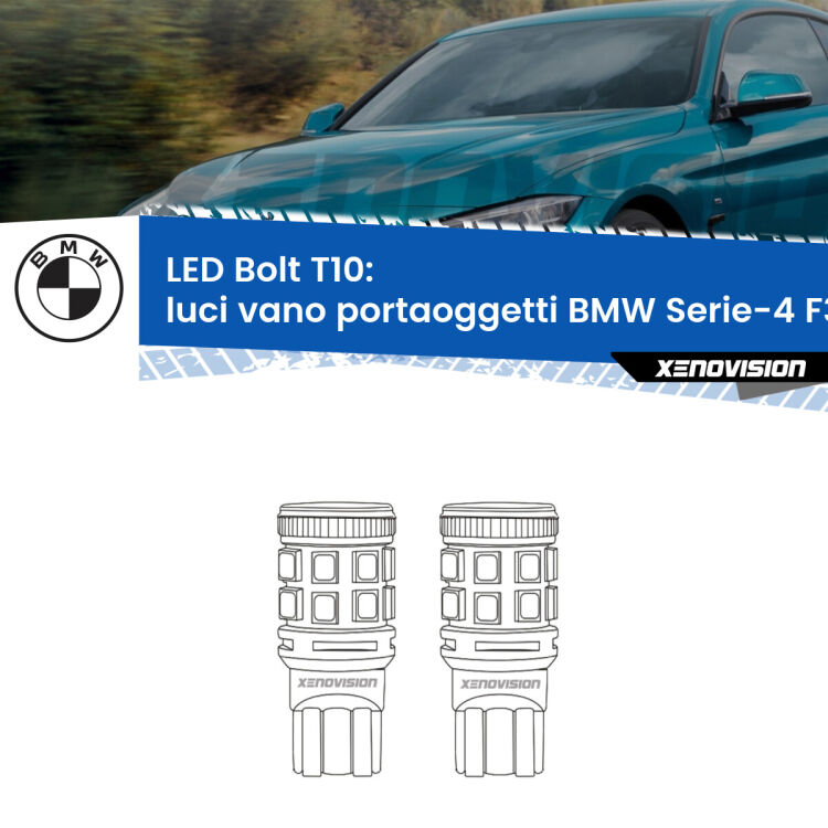 <strong>Luci Vano Portaoggetti LED per BMW Serie-4</strong> F32, F82 2013 - 2019. Coppia lampade <strong>T10</strong> modello Bolt canbus.