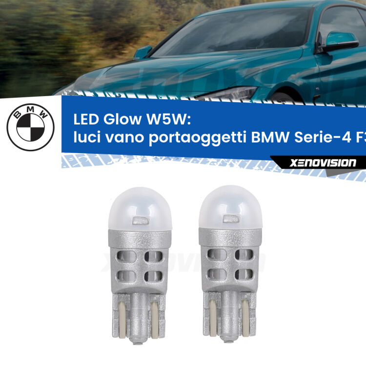 <strong>Luci Vano Portaoggetti LED luce calda per BMW Serie-4</strong> F32, F82 2013 - 2019. Coppia lampade <strong>W5W</strong> modello Glow di Xenovision.