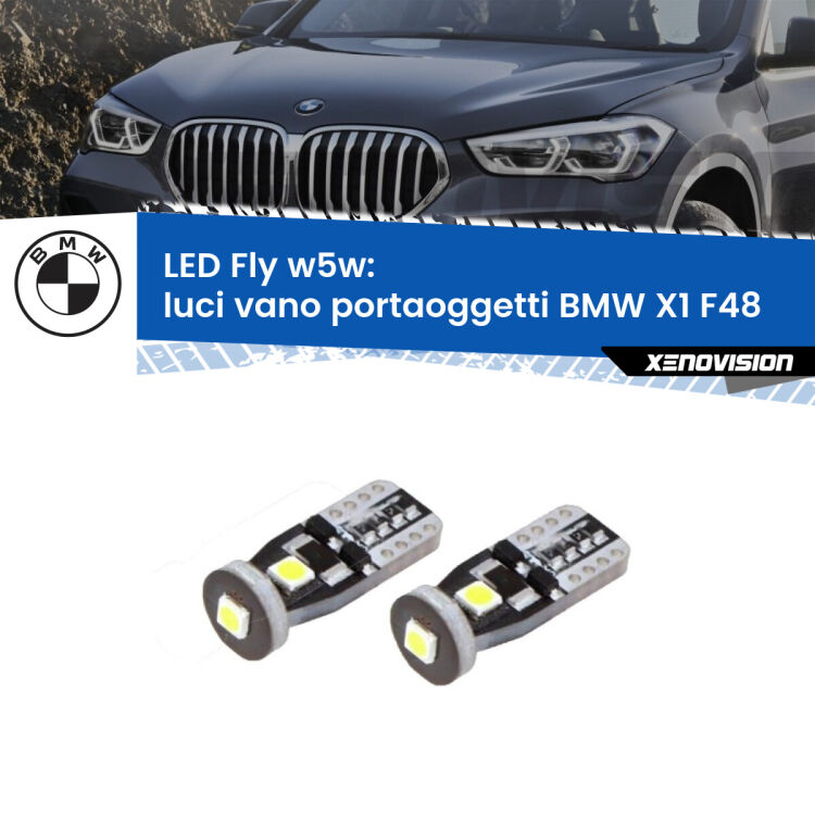 <strong>luci vano portaoggetti LED per BMW X1</strong> F48 2016 - 2021. Coppia lampadine <strong>w5w</strong> Canbus compatte modello Fly Xenovision.