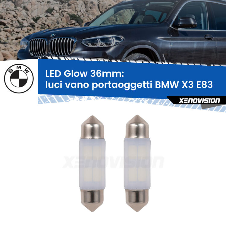 <strong>Luci Vano Portaoggetti LED luce calda per BMW X3</strong> E83 2003 - 2010. Coppia lampade <strong>C5W</strong> 36mm modello Glow di Xenovision.