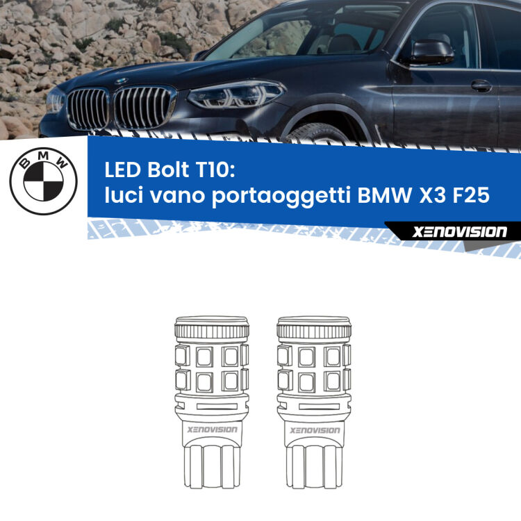 <strong>Luci Vano Portaoggetti LED per BMW X3</strong> F25 2010 - 2016. Coppia lampade <strong>T10</strong> modello Bolt canbus.