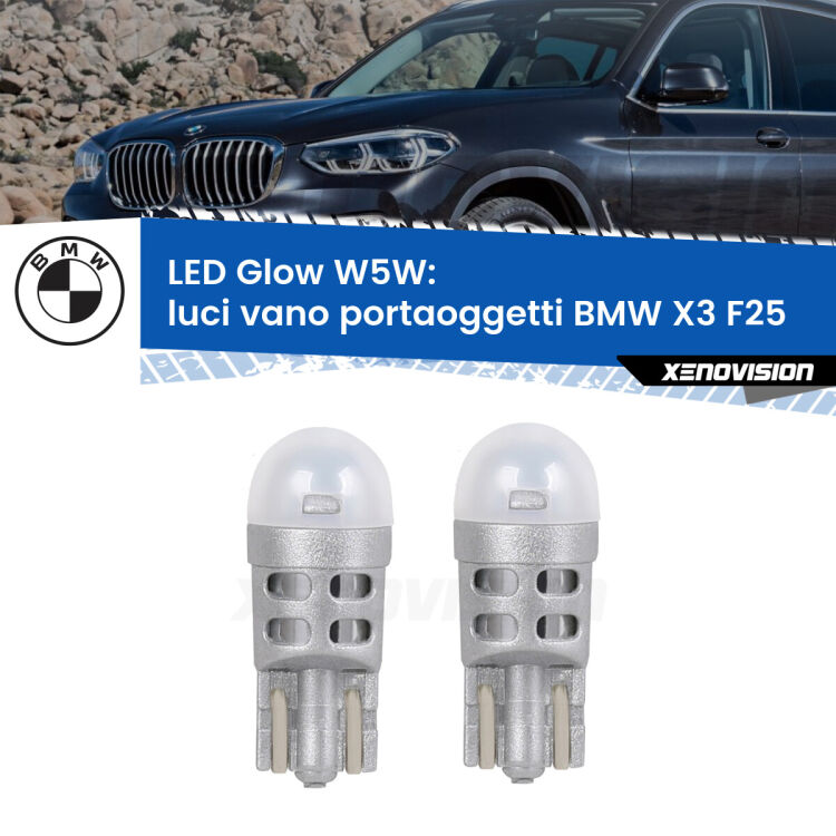 <strong>Luci Vano Portaoggetti LED luce calda per BMW X3</strong> F25 2010 - 2016. Coppia lampade <strong>W5W</strong> modello Glow di Xenovision.