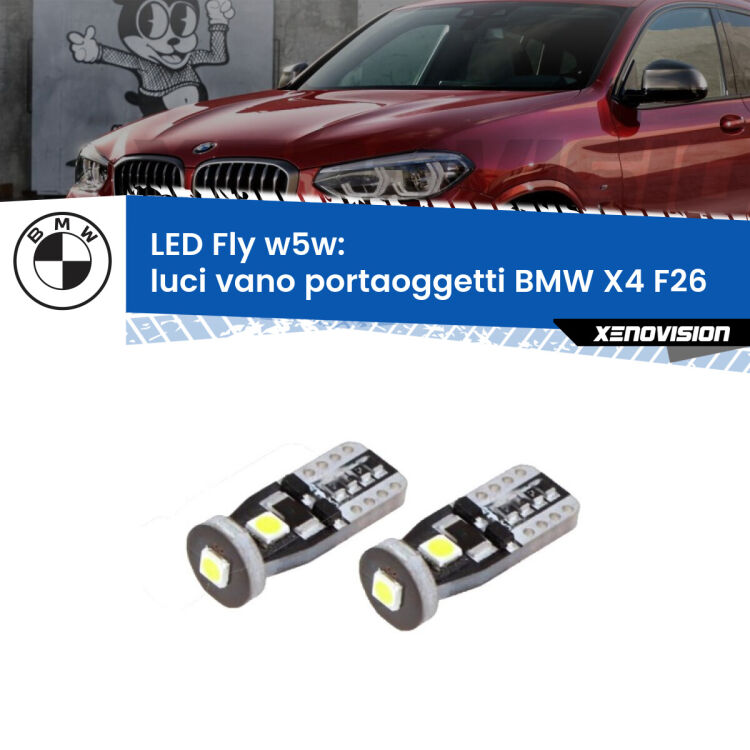 <strong>luci vano portaoggetti LED per BMW X4</strong> F26 2014 - 2017. Coppia lampadine <strong>w5w</strong> Canbus compatte modello Fly Xenovision.