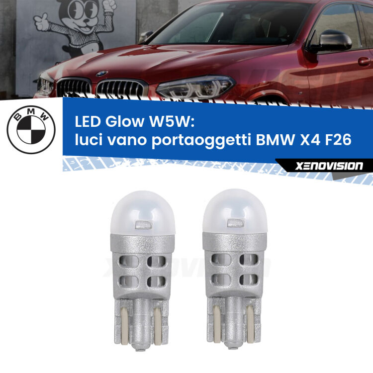 <strong>Luci Vano Portaoggetti LED luce calda per BMW X4</strong> F26 2014 - 2017. Coppia lampade <strong>W5W</strong> modello Glow di Xenovision.