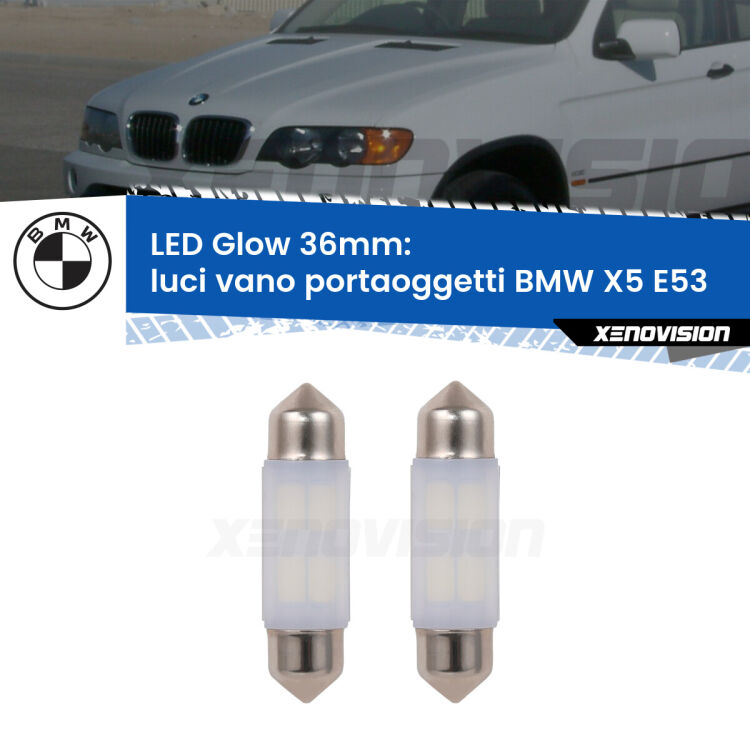 <strong>Luci Vano Portaoggetti LED luce calda per BMW X5</strong> E53 1999 - 2005. Coppia lampade <strong>C5W</strong> 36mm modello Glow di Xenovision.