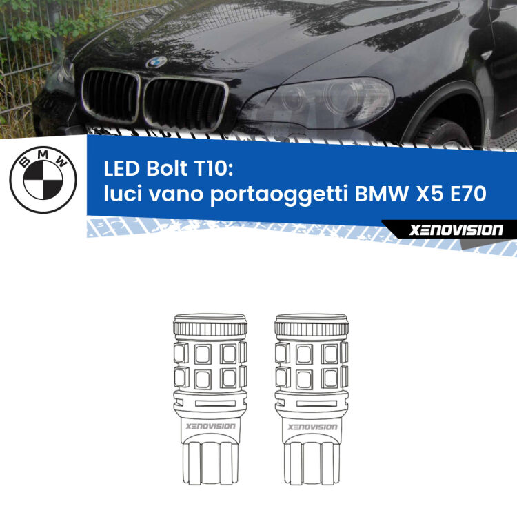 <strong>Luci Vano Portaoggetti LED per BMW X5</strong> E70 2006 - 2013. Coppia lampade <strong>T10</strong> modello Bolt canbus.