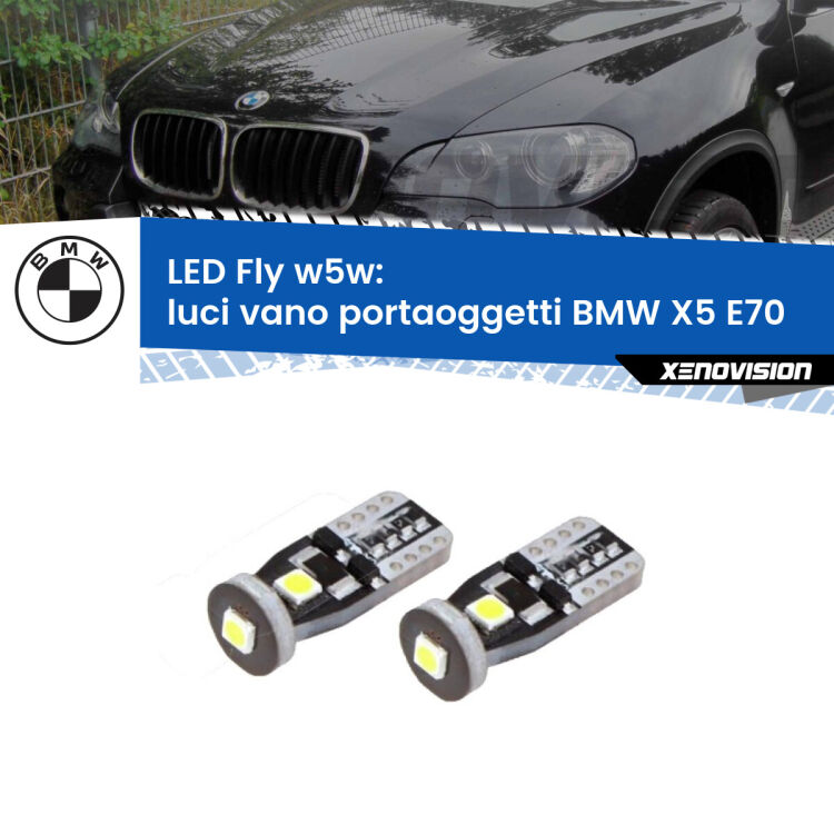 <strong>luci vano portaoggetti LED per BMW X5</strong> E70 2006 - 2013. Coppia lampadine <strong>w5w</strong> Canbus compatte modello Fly Xenovision.