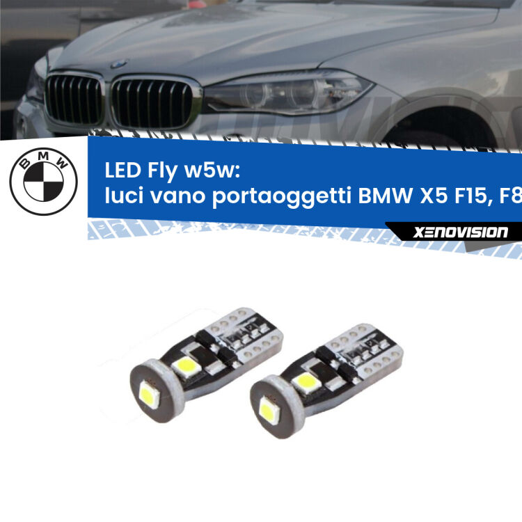 <strong>luci vano portaoggetti LED per BMW X5</strong> F15, F85 2014 - 2018. Coppia lampadine <strong>w5w</strong> Canbus compatte modello Fly Xenovision.