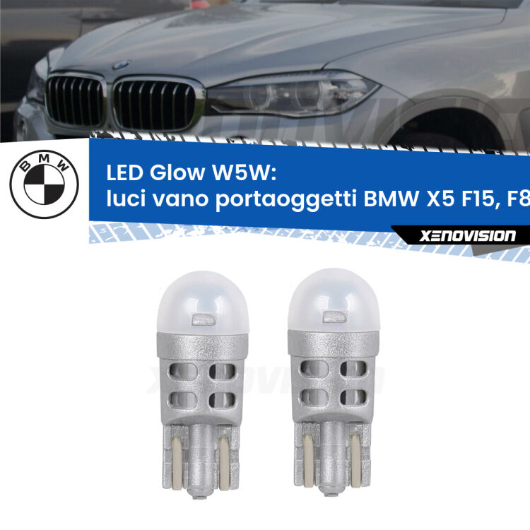 <strong>Luci Vano Portaoggetti LED luce calda per BMW X5</strong> F15, F85 2014 - 2018. Coppia lampade <strong>W5W</strong> modello Glow di Xenovision.