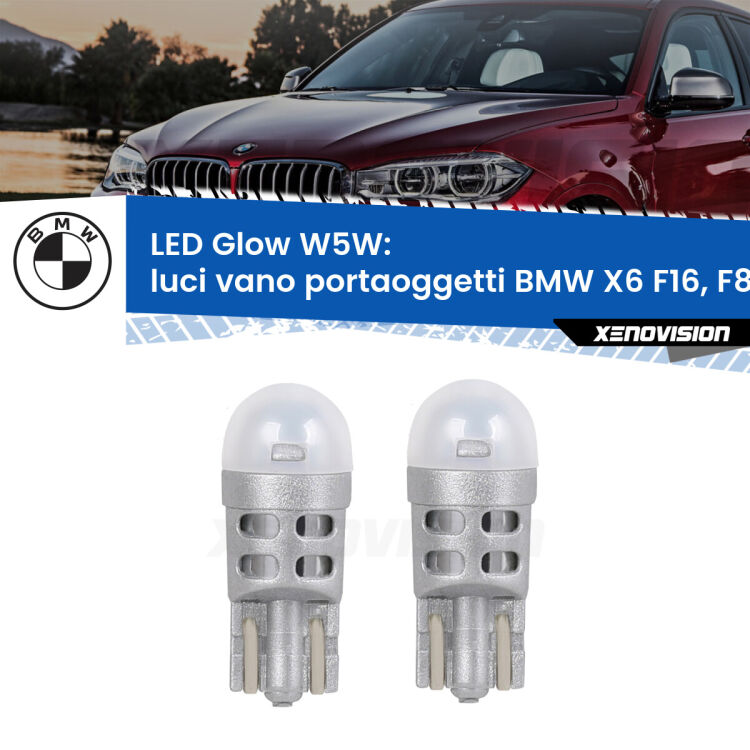 <strong>Luci Vano Portaoggetti LED luce calda per BMW X6</strong> F16, F86 2015 - 2019. Coppia lampade <strong>W5W</strong> modello Glow di Xenovision.