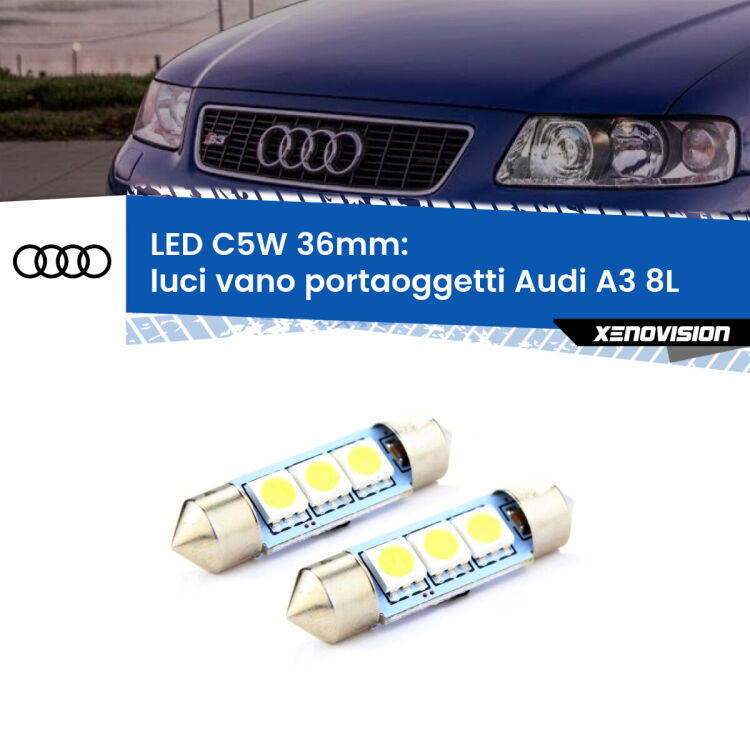 <strong>Luci Vano Portaoggetti LED per Audi A3</strong> 8L 1996 - 2003. Coppia lampade <strong>C5W</strong> 36mm estremamente longeve.