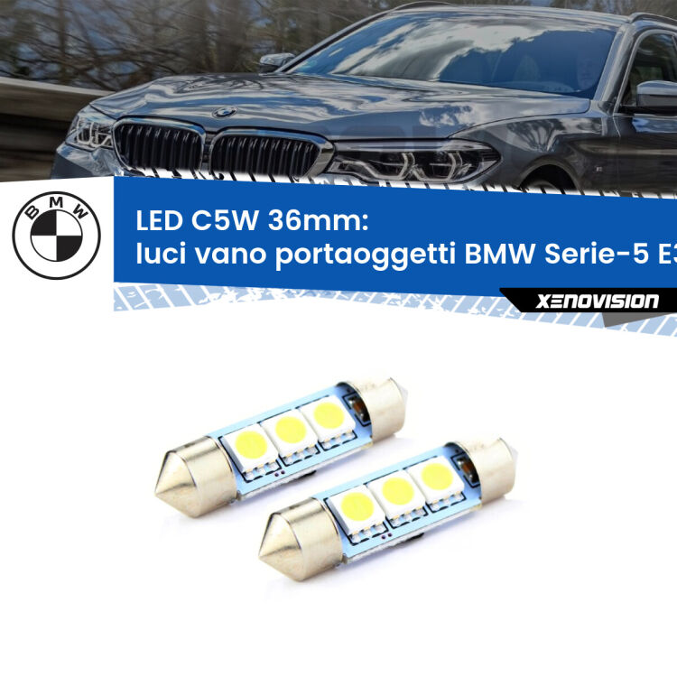 <strong>Luci Vano Portaoggetti LED per BMW Serie-5</strong> E39 1996 - 2003. Coppia lampade <strong>C5W</strong> 36mm estremamente longeve.