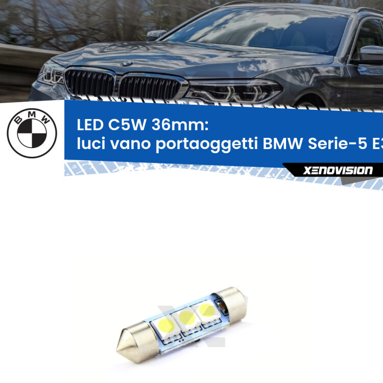 LED Luci Vano Portaoggetti BMW Serie-5 E39 1996 - 2003. Una lampadina led innesto C5W 36mm canbus estremamente longeva.