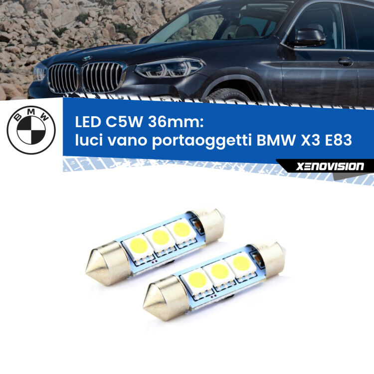 <strong>Luci Vano Portaoggetti LED per BMW X3</strong> E83 2003 - 2010. Coppia lampade <strong>C5W</strong> 36mm estremamente longeve.