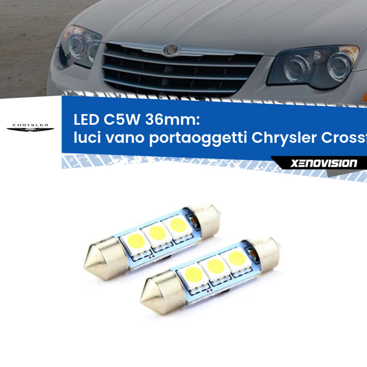 <strong>Luci Vano Portaoggetti LED per Chrysler Crossfire</strong>  2003 - 2007. Coppia lampade <strong>C5W</strong> 36mm estremamente longeve.