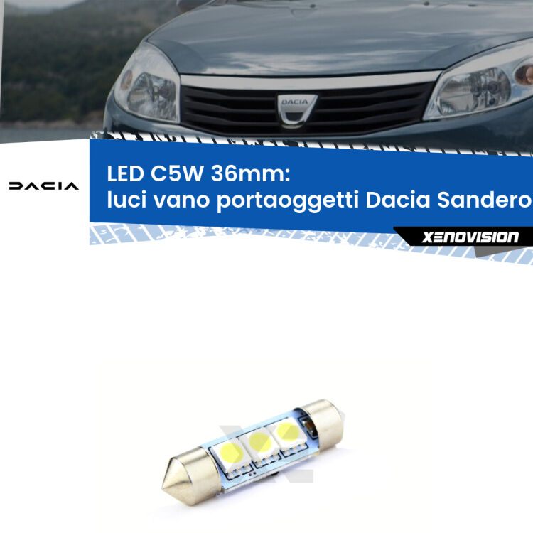 LED Luci Vano Portaoggetti Dacia Sandero I  2008 - 2012. Una lampadina led innesto C5W 36mm canbus estremamente longeva.