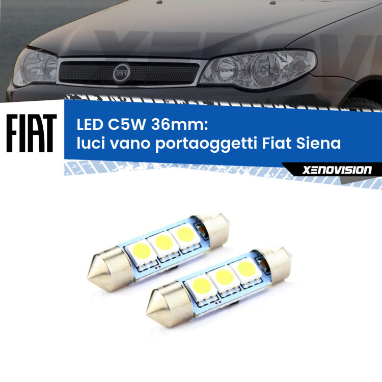 <strong>Luci Vano Portaoggetti LED per Fiat Siena</strong>  1996 - 2012. Coppia lampade <strong>C5W</strong> 36mm estremamente longeve.