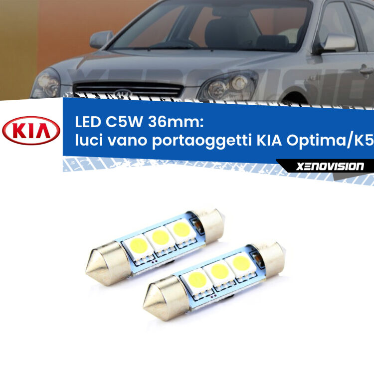 <strong>Luci Vano Portaoggetti LED per KIA Optima/K5</strong> TF 2010 - 2014. Coppia lampade <strong>C5W</strong> 36mm estremamente longeve.