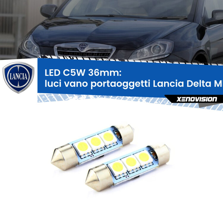 <strong>Luci Vano Portaoggetti LED per Lancia Delta MkIII</strong> 844 2008 - 2014. Coppia lampade <strong>C5W</strong> 36mm estremamente longeve.