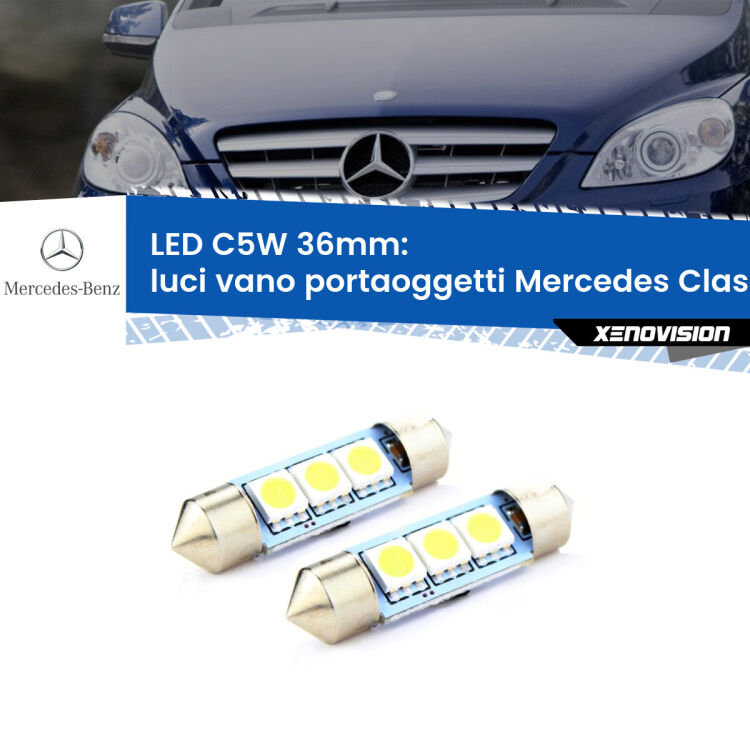 <strong>Luci Vano Portaoggetti LED per Mercedes Classe-B</strong> W245 2005 - 2011. Coppia lampade <strong>C5W</strong> 36mm estremamente longeve.