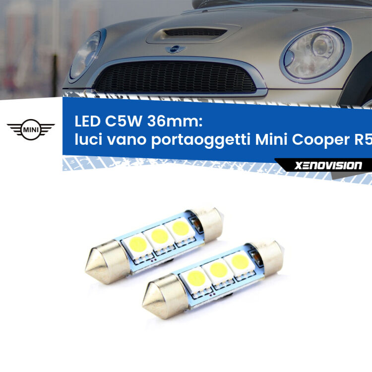 <strong>Luci Vano Portaoggetti LED per Mini Cooper</strong> R56 R57 2006 - 2013. Coppia lampade <strong>C5W</strong> 36mm estremamente longeve.