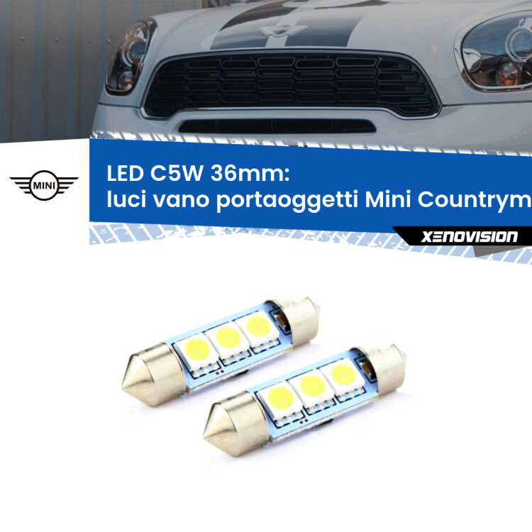 <strong>Luci Vano Portaoggetti LED per Mini Countryman</strong> R60 2010 - 2016. Coppia lampade <strong>C5W</strong> 36mm estremamente longeve.