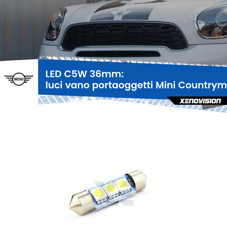 LED Luci Vano Portaoggetti Mini Countryman R60 2010 - 2016. Una lampadina led innesto C5W 36mm canbus estremamente longeva.