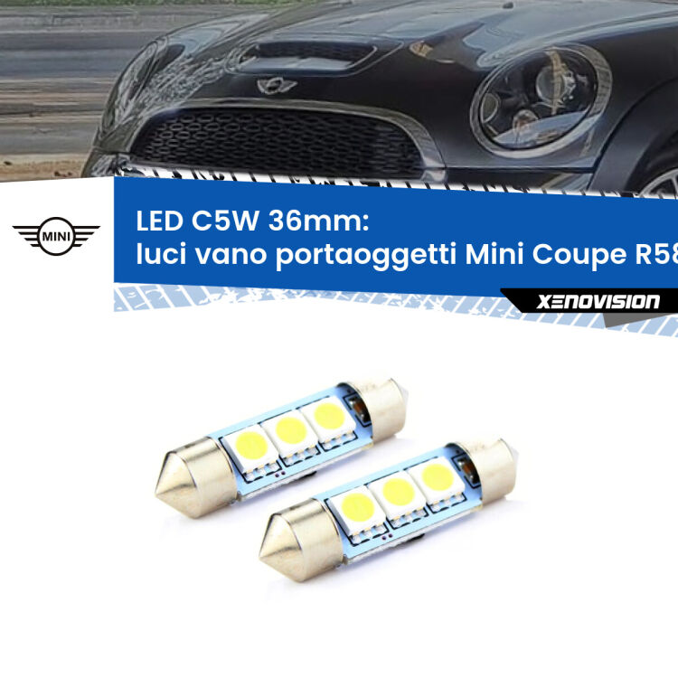 <strong>Luci Vano Portaoggetti LED per Mini Coupe</strong> R58 2011 - 2015. Coppia lampade <strong>C5W</strong> 36mm estremamente longeve.