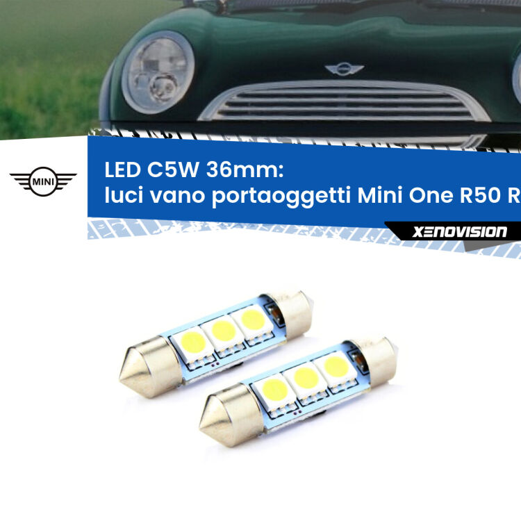 <strong>Luci Vano Portaoggetti LED per Mini One</strong> R50 R52 R53 2001 - 2006. Coppia lampade <strong>C5W</strong> 36mm estremamente longeve.