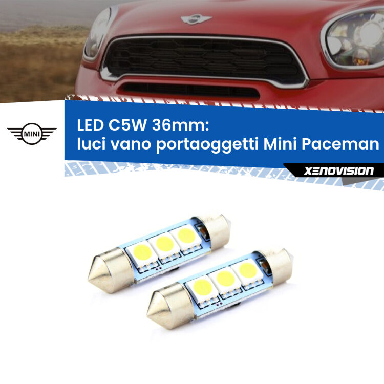 <strong>Luci Vano Portaoggetti LED per Mini Paceman</strong> R61 2012 - 2016. Coppia lampade <strong>C5W</strong> 36mm estremamente longeve.